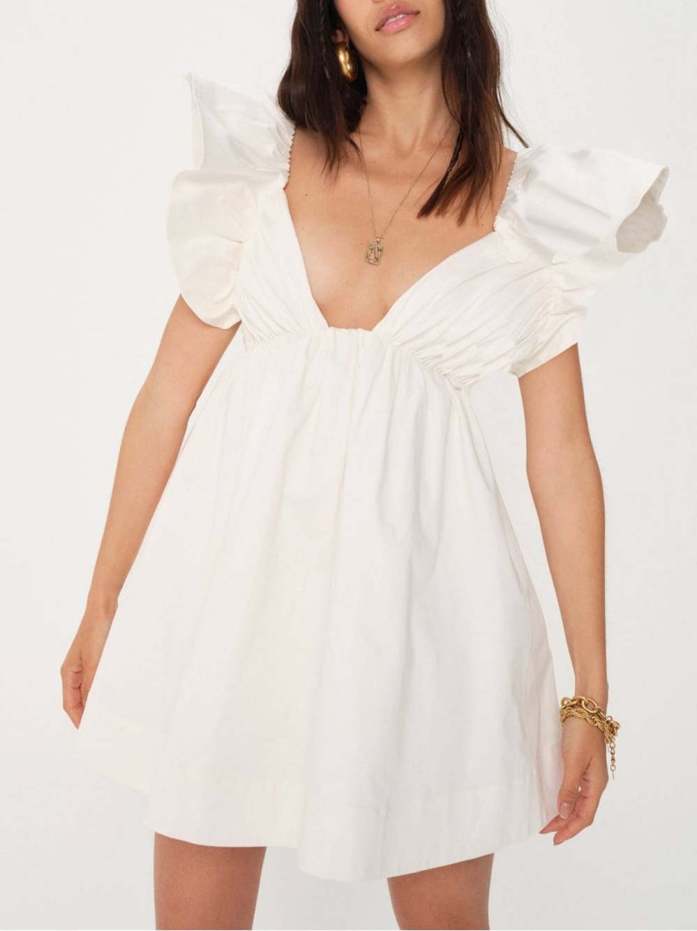 For Love & Lemons White Ruffled Sleeve Mini Dress